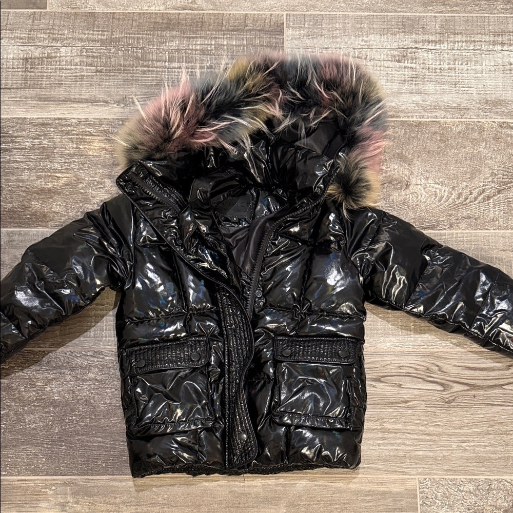 Scotch Bonnet glossy black puffer jacket with a fur-trimmed hood